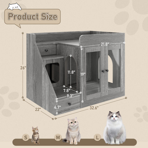 Luxury Cat Litter Box Enclosure With Light , Hidden Litter Box Furniture With 2 Storage Drawers, Indoor Cat House Side Table For Living Room