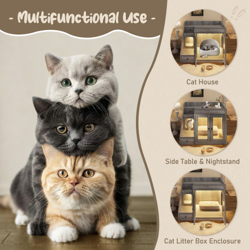 Luxury Cat Litter Box Enclosure With Light , Hidden Litter Box Furniture With 2 Storage Drawers, Indoor Cat House Side Table For Living Room