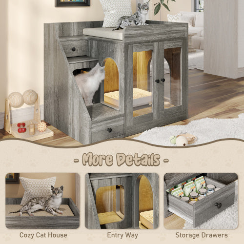 Luxury Cat Litter Box Enclosure With Light , Hidden Litter Box Furniture With 2 Storage Drawers, Indoor Cat House Side Table For Living Room
