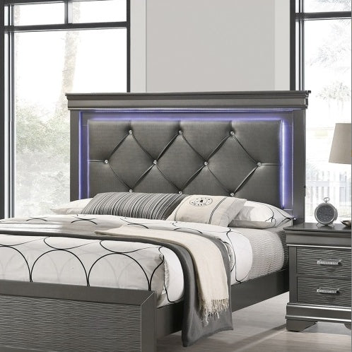 Luxury Dark Gray Faux Leather Tufted Headboard 1pc Queen Size Bed W LED Bedroom Furniture Gray Unique Texture FB Solid Wood