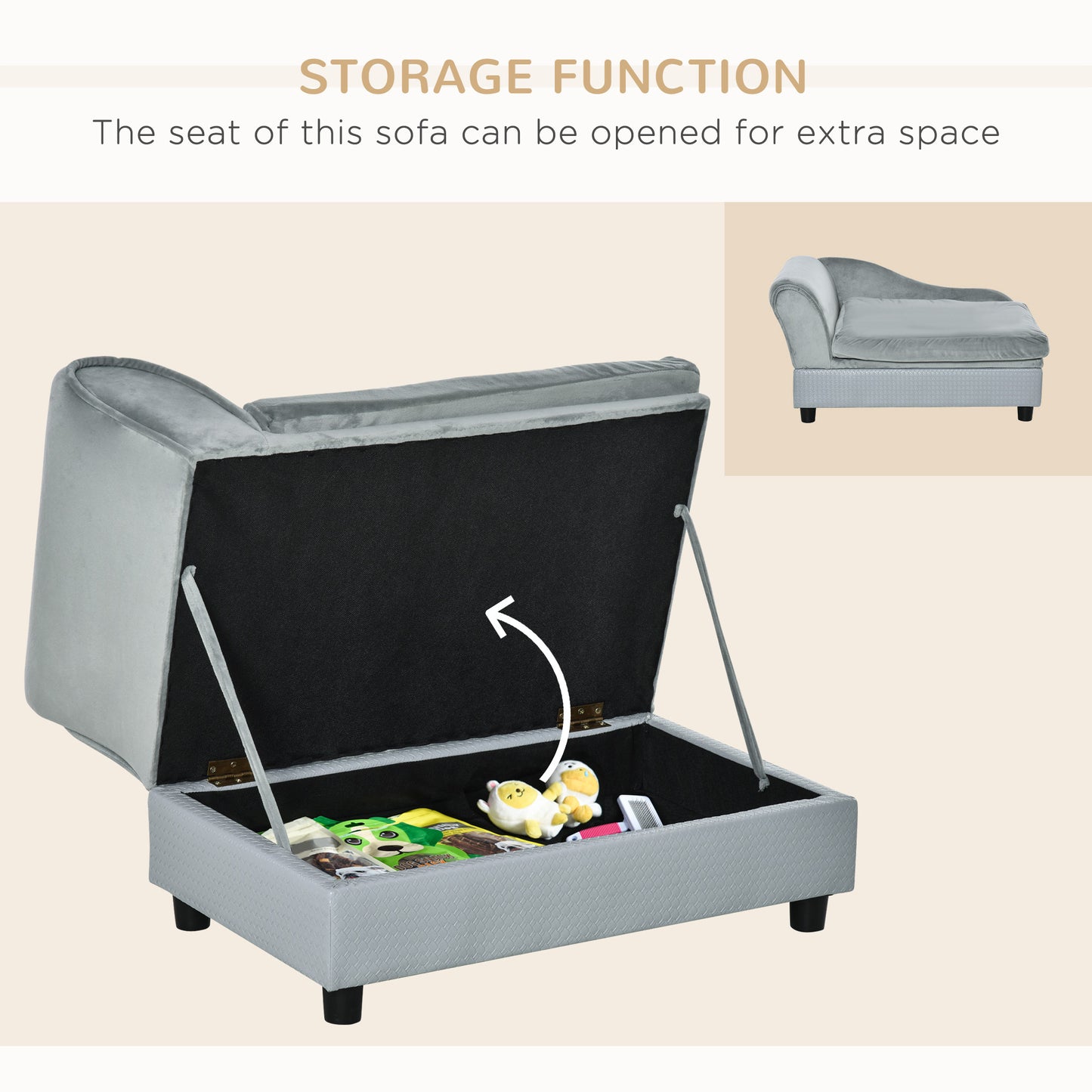 Luxury Dog Bed For Small Dogs, Hidden Storage, Soft Foam Couch, Modern Pet Furniture, Gray