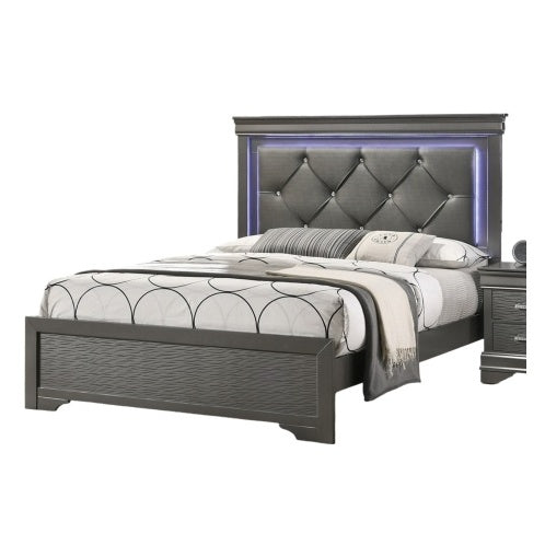 Luxury Dark Gray Faux Leather Tufted Headboard 1pc Queen Size Bed W LED Bedroom Furniture Gray Unique Texture FB Solid Wood