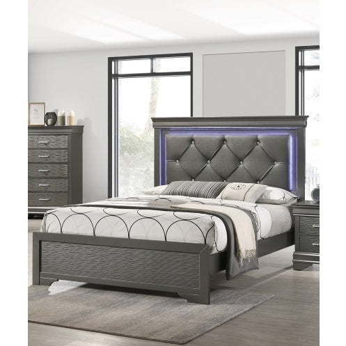 Luxury Dark Gray Faux Leather Tufted Headboard 1pc Queen Size Bed W LED Bedroom Furniture Gray Unique Texture FB Solid Wood