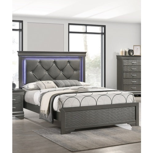Luxury Dark Gray Faux Leather Tufted Headboard 1pc Queen Size Bed W LED Bedroom Furniture Gray Unique Texture FB Solid Wood