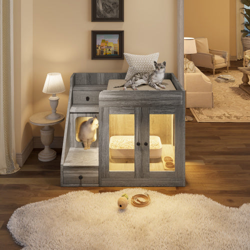 Luxury Cat Litter Box Enclosure With Light , Hidden Litter Box Furniture With 2 Storage Drawers, Indoor Cat House Side Table For Living Room