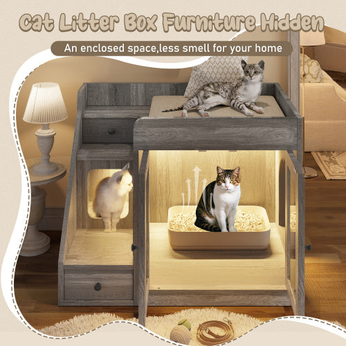 Luxury Cat Litter Box Enclosure With Light , Hidden Litter Box Furniture With 2 Storage Drawers, Indoor Cat House Side Table For Living Room