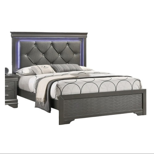 Luxury Dark Gray Faux Leather Tufted Headboard 1pc Queen Size Bed W LED Bedroom Furniture Gray Unique Texture FB Solid Wood