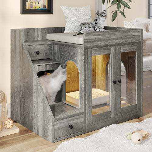 Luxury Cat Litter Box Enclosure With Light , Hidden Litter Box Furniture With 2 Storage Drawers, Indoor Cat House Side Table For Living Room