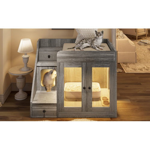 Luxury Cat Litter Box Enclosure With Light , Hidden Litter Box Furniture With 2 Storage Drawers, Indoor Cat House Side Table For Living Room