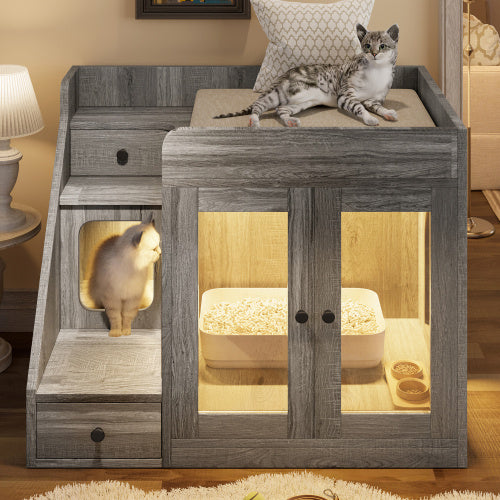 Luxury Cat Litter Box Enclosure With Light , Hidden Litter Box Furniture With 2 Storage Drawers, Indoor Cat House Side Table For Living Room