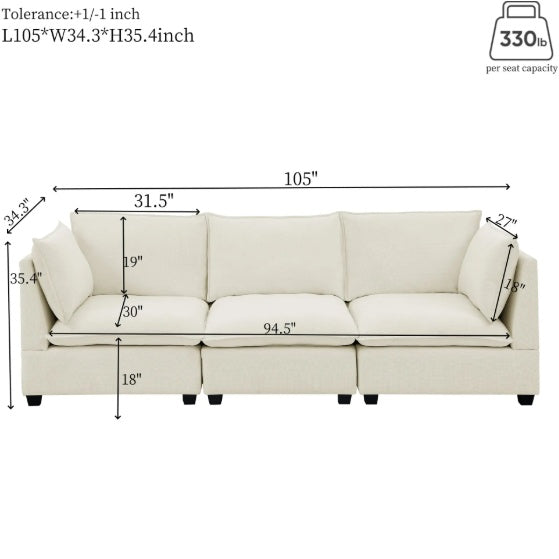 Luxury 3-Piece Chenille Fabric Upholstered Living Room Furniture Set, Including 3-Seater Sofa AndV2 Loveseat Sofa With Seat And Back Cushion Beige White